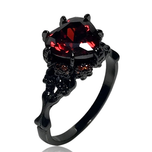Gothic Red Heart Black Skeleton Skull Ring - Picture 1 of 4